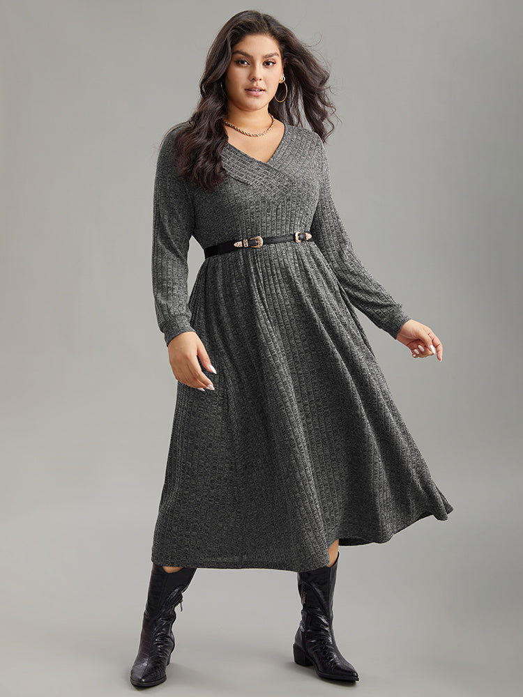 Rib Knit Plain Plisse Long Sleeve Dress