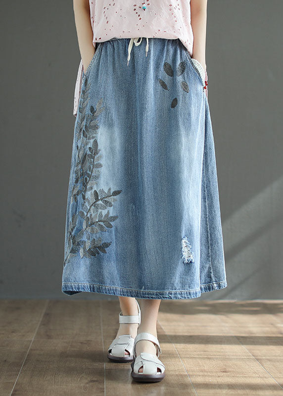 French Light Blue High Waist Drawstring Print Cotton Denim Skirts Summer