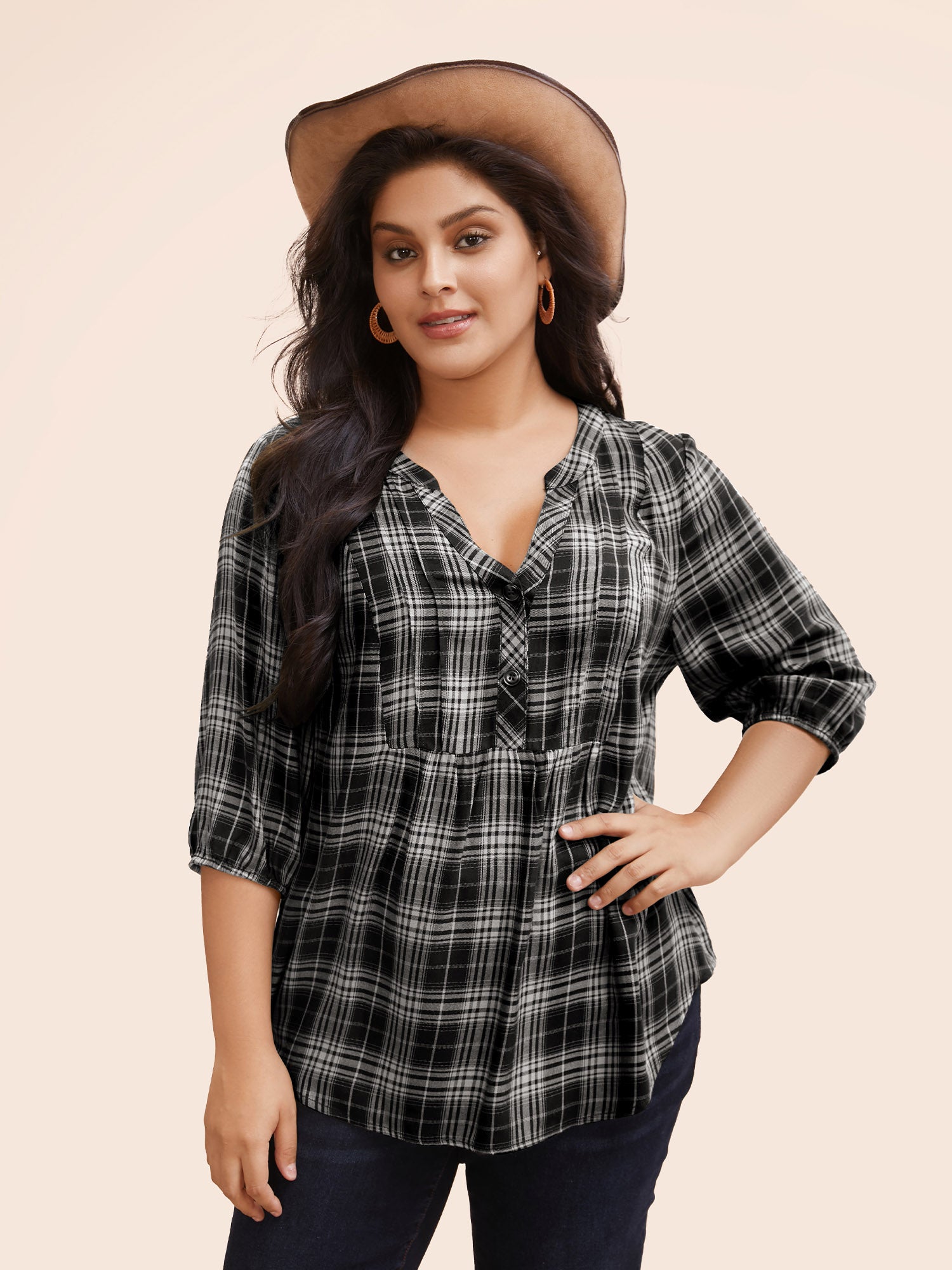 Plaid Pleated Button Placket Blouse