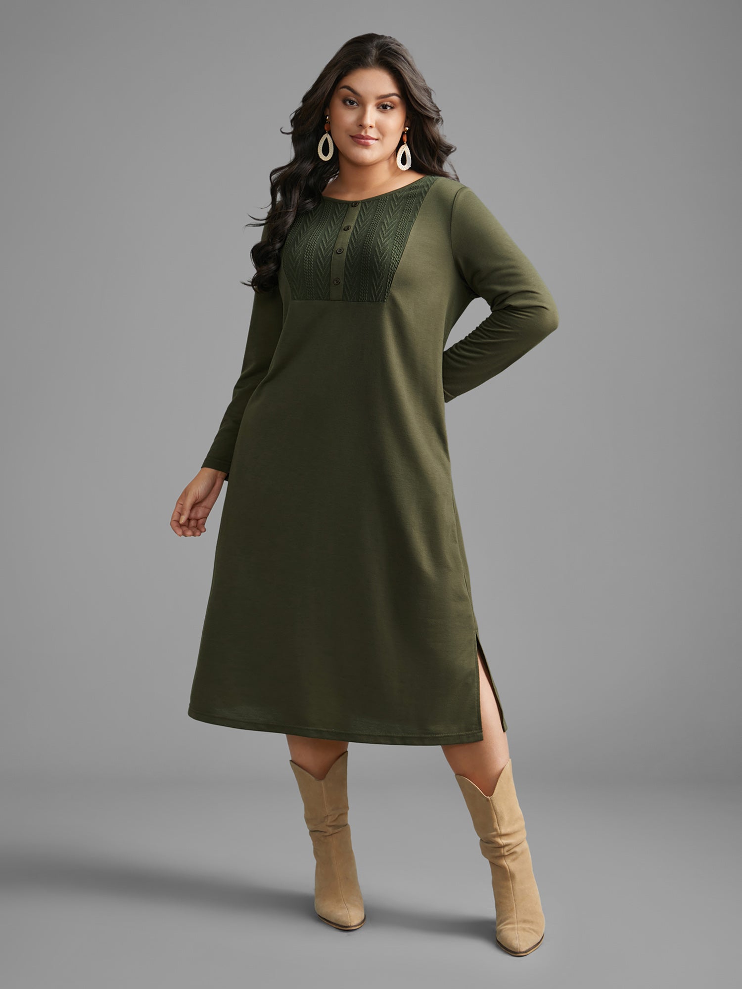 Textured Patchwork Button Detail Midi Dress