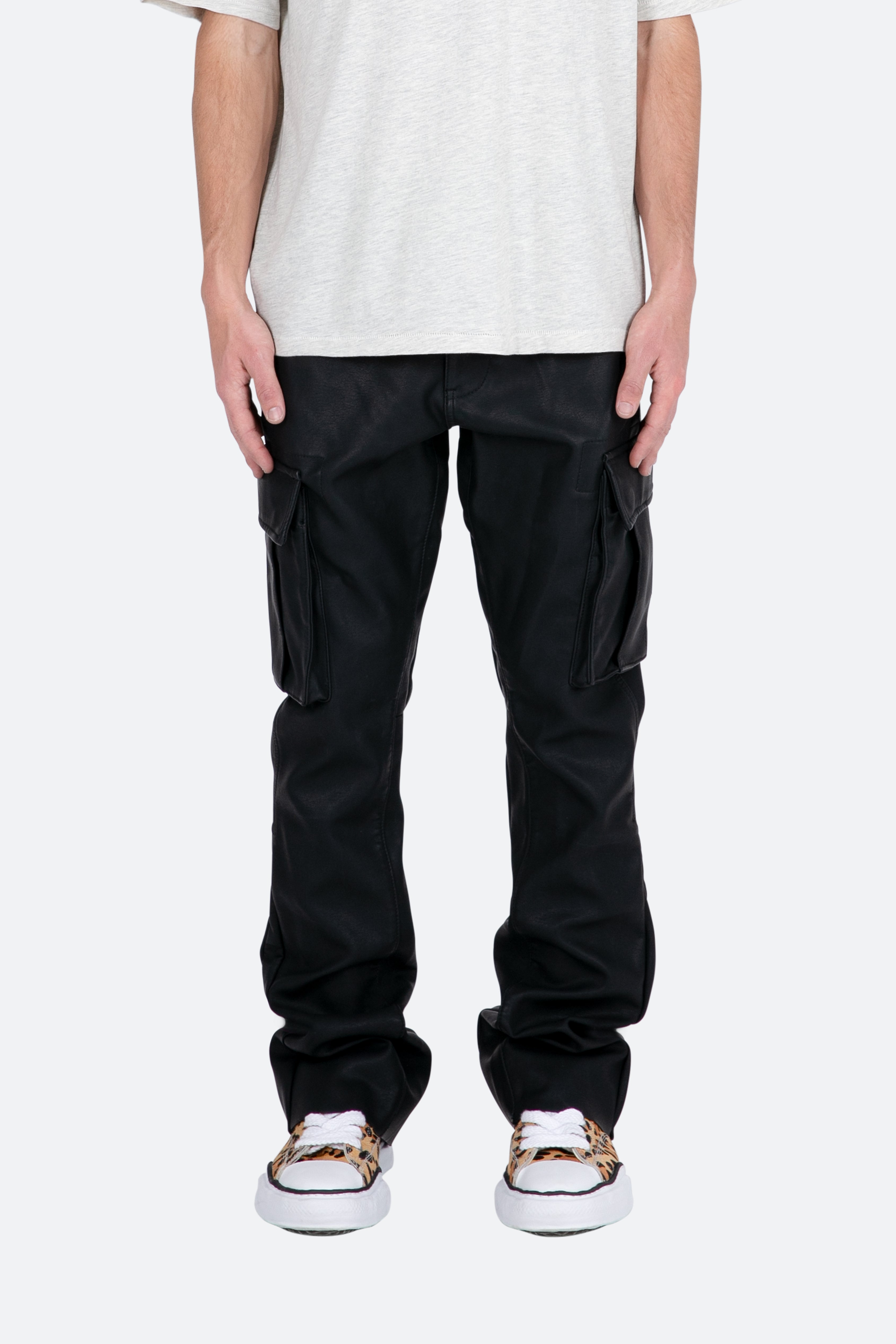 B449 Leather Cargo Flare Pants - Black