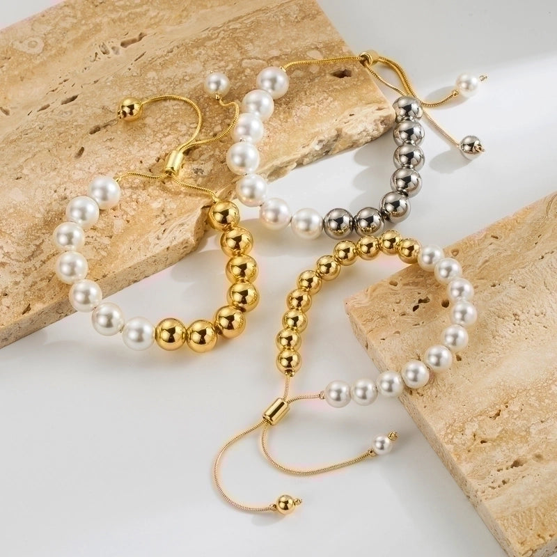 Classic Style Round Imitation Pearl Copper Beaded Patchwork Plating 18k Gold Plated Bracelets