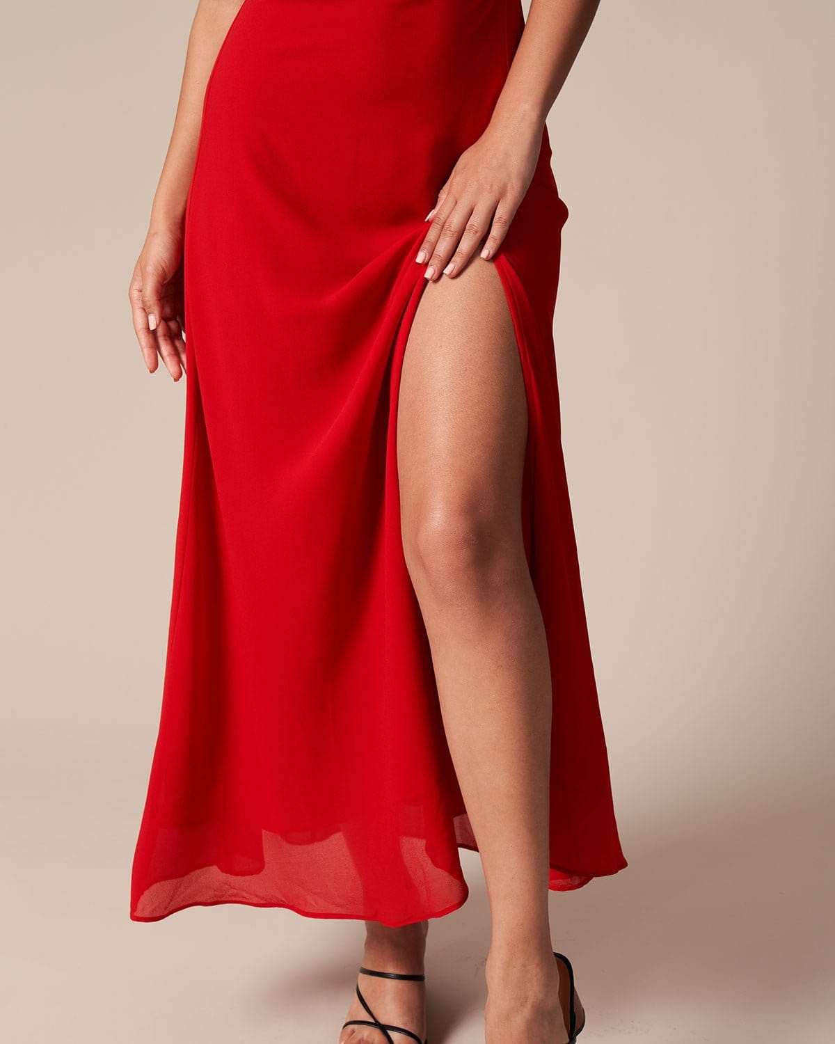 The Red Cowl Neck Cutout Ruched Maxi Dress