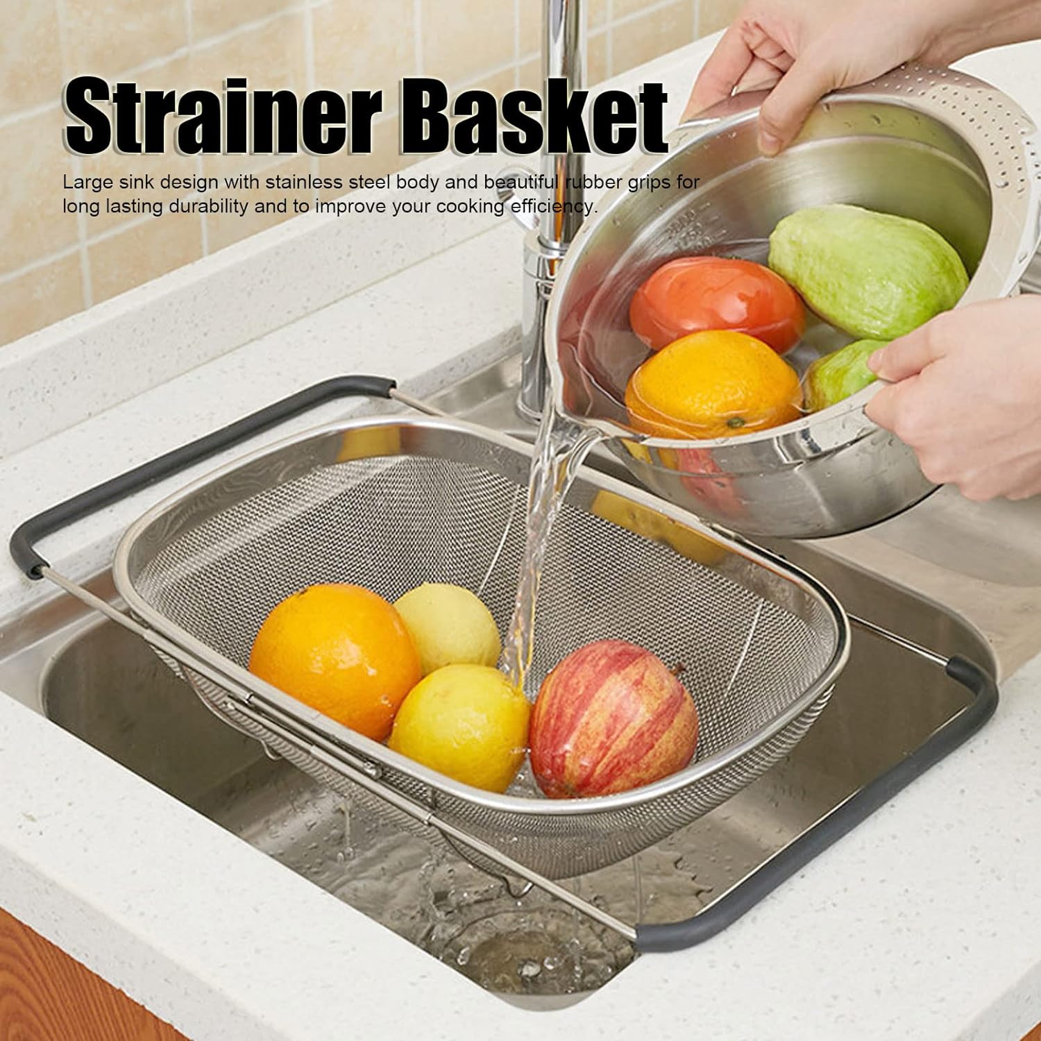 Over The Sink Stainless Steel Colander Strainer Basket. Drain Basket