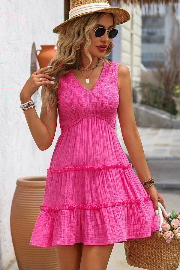 V Neck Smocked Solid Color Frill Sleeveless Mini Dress