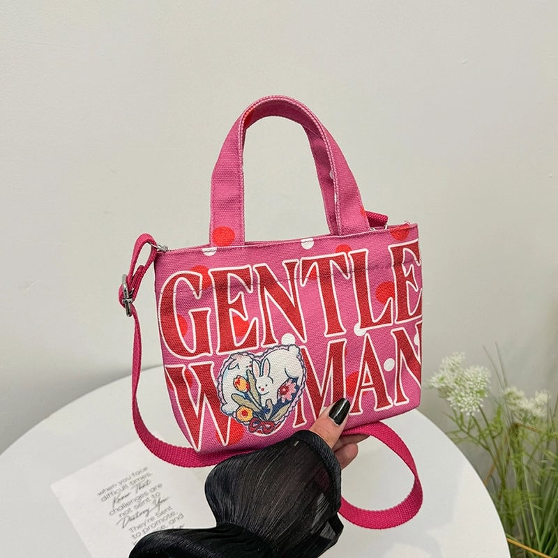 Women's Canvas Letter Cat Strawberry Cute Sewing Thread Open Handbag Crossbody Bag