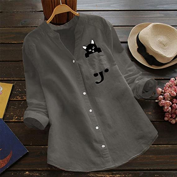 V-neck Cotton And Cat Print Long Sleeve Blouse