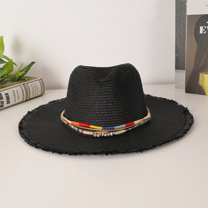 Women's Casual Vacation Beach Solid Color Beaded Big Eaves Straw Hat