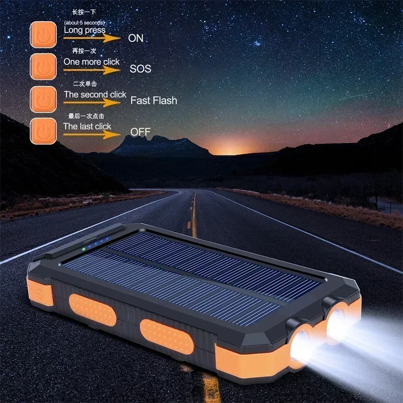 200000mAh Portable Solar Power Bank Suitable Xiaomi iPhone Samsung Outdoor Charger Power Bank Dual USB Charging with LED Light