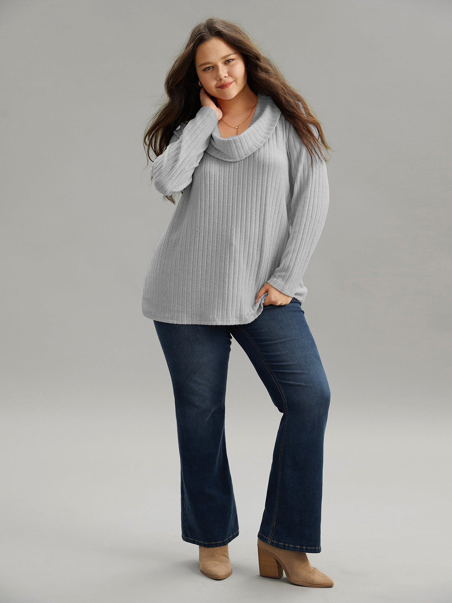 Plain Rib Knit Cowl Neck T-shirt