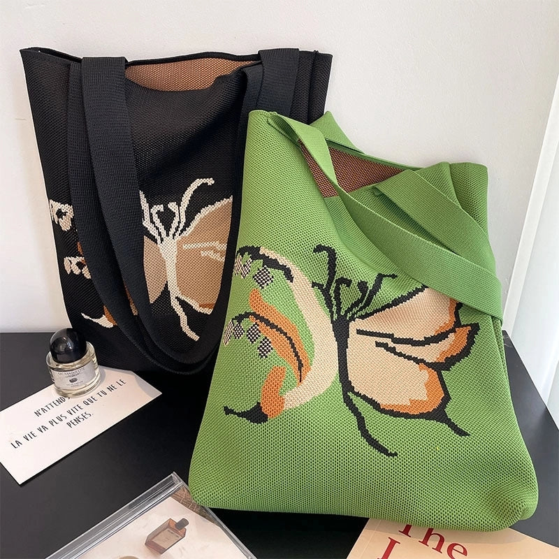 Women's Medium Knit Butterfly Classic Style Square Open Tote Bag