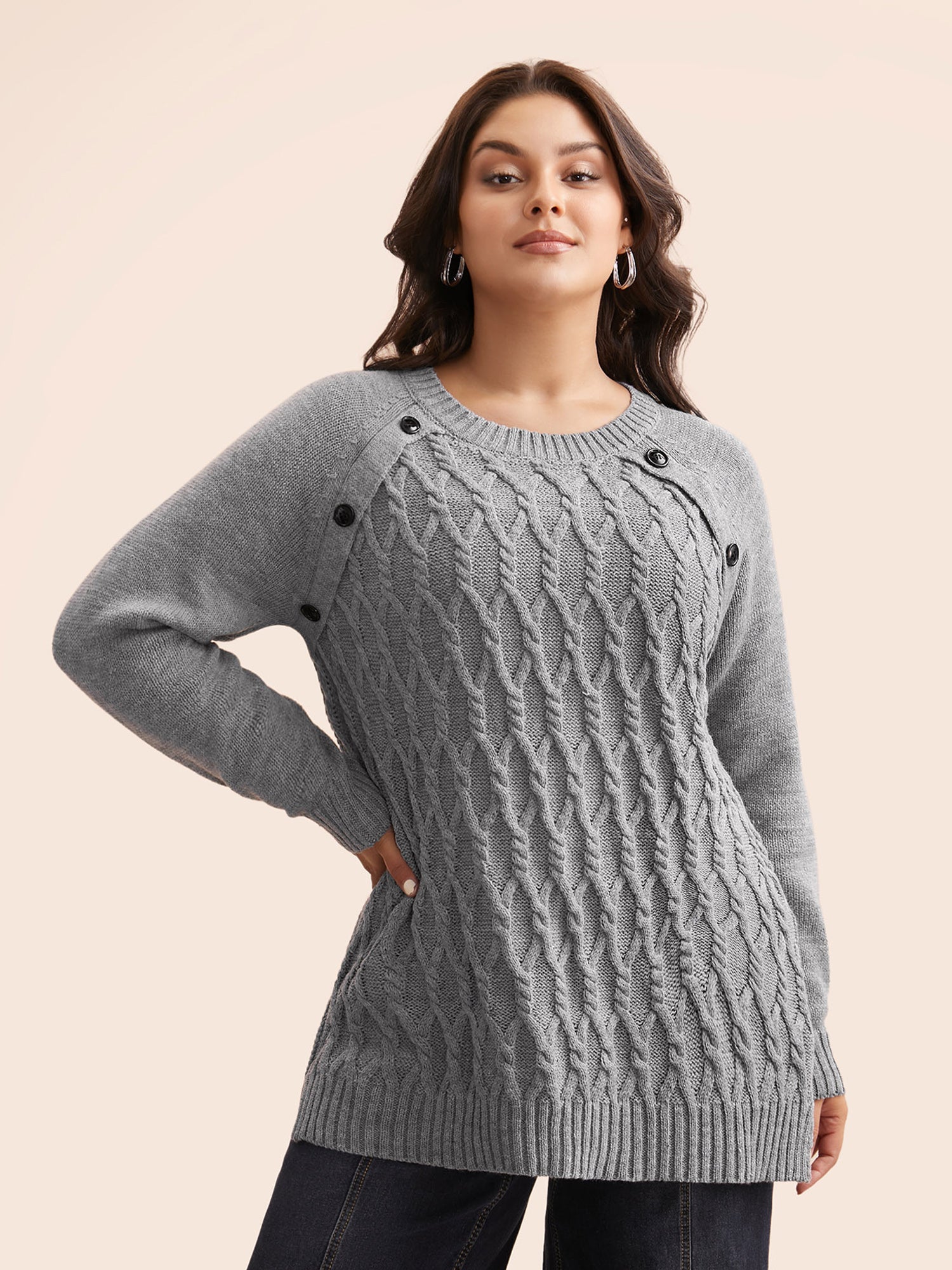 Texture Cable Knit Button Detail Pullover