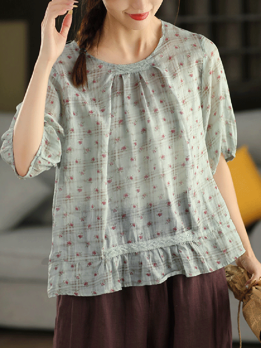 Women Summer Artsy Floral O-Nck 100%Ramie Shirt