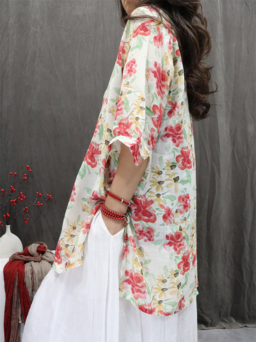 Women Summer Artsy Turn-down Collar Flower 100%Ramie Shirt