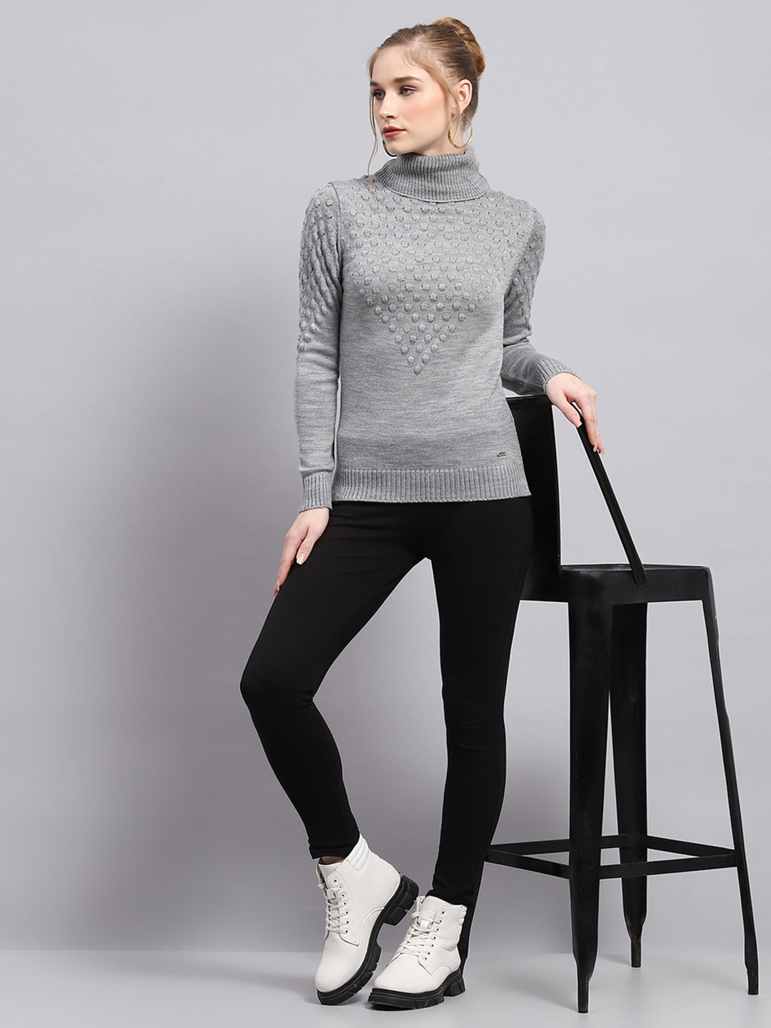 Women Grey Self Design High Neck Full Sleeve Winter Tops