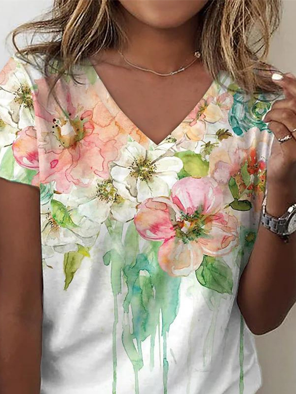 Floral V Neck Jersey Casual T-Shirt