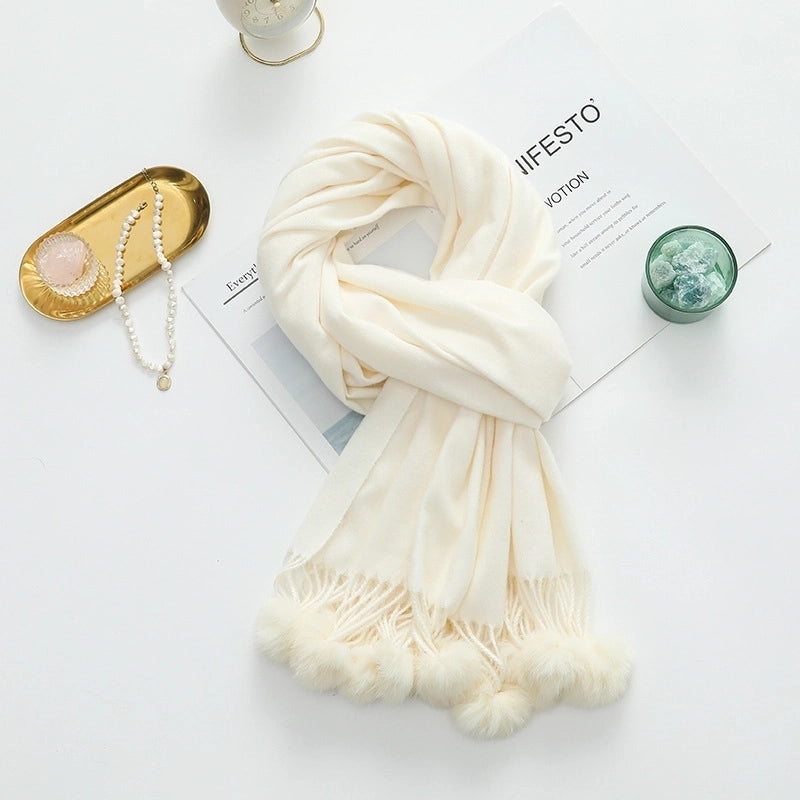 Cashmere Wool Scarf Women's Autumn And Winter High-grade Solid Color Ball Scarf Shawl Fur Ball Imitation Cashmere Scarf