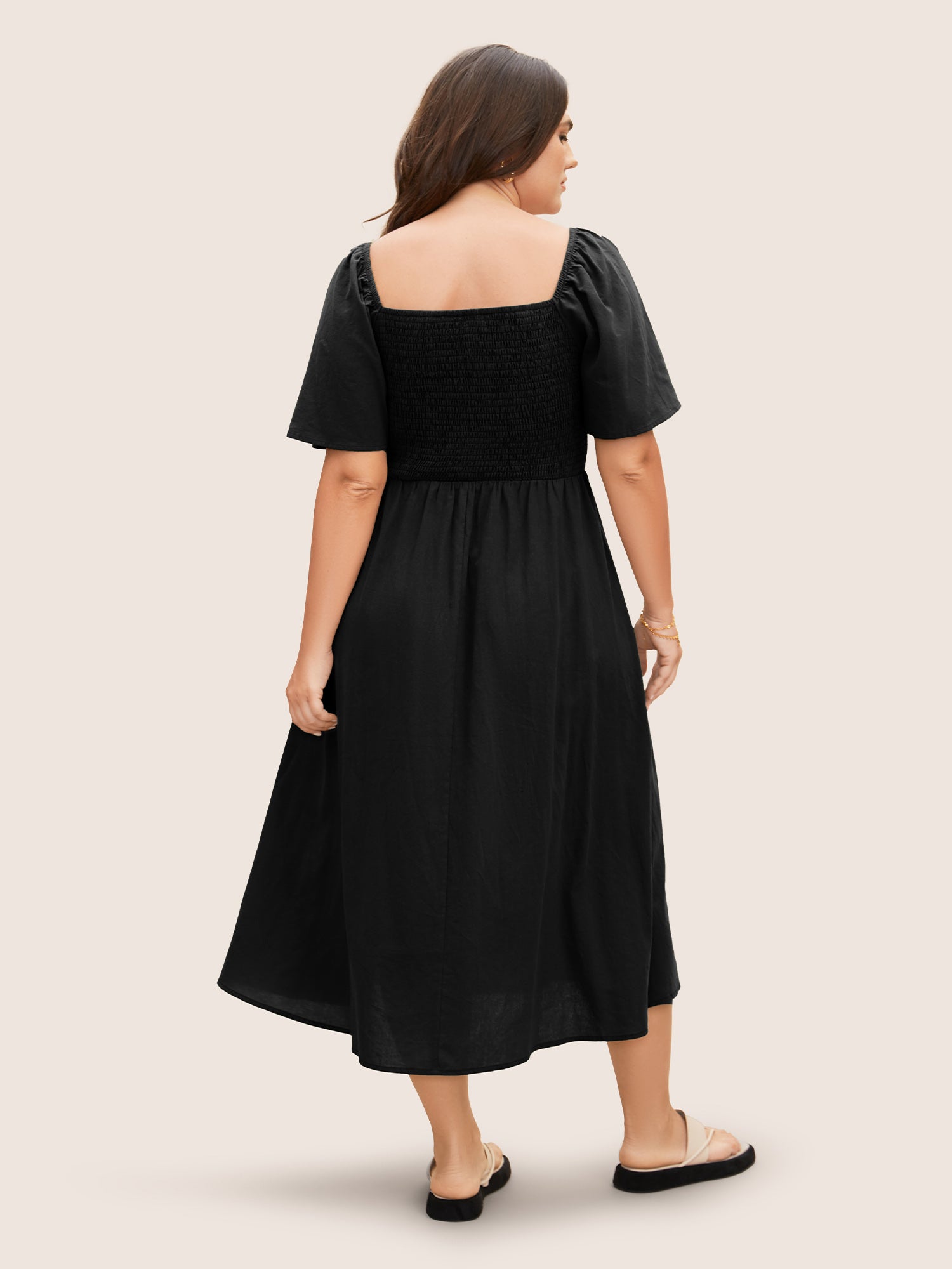 Cotton Square Neck Shirred Ruffle Sleeve Split Hem Dress