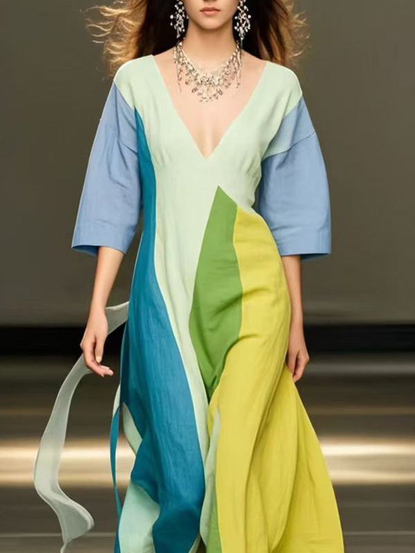 Loose Three-Quarter Sleeves Colorful Contrast Color V-Neck Midi Dresses
