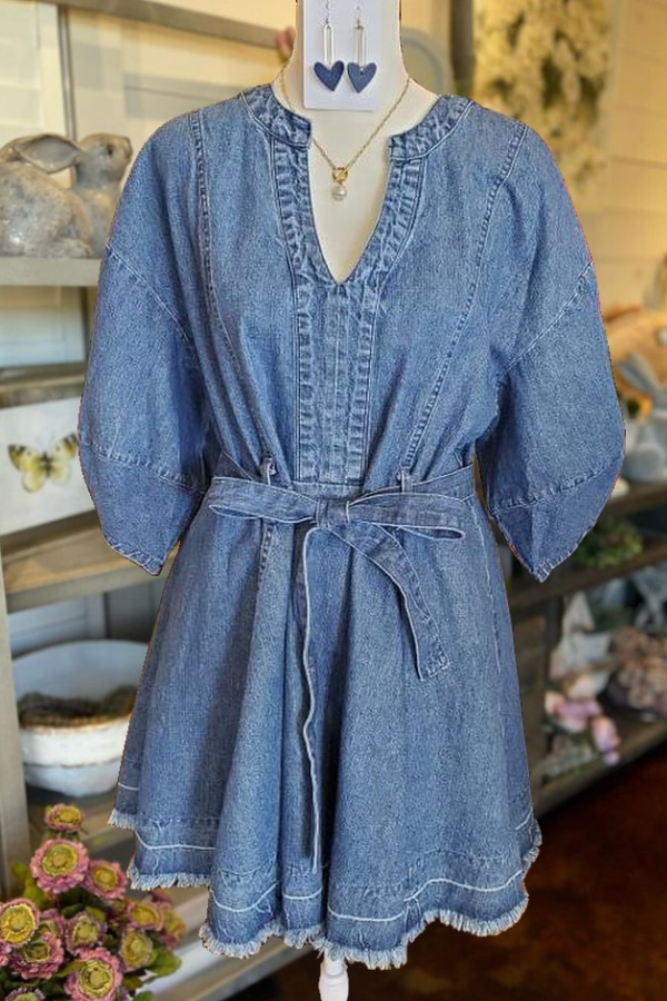 V-neck Belted Denim Dress