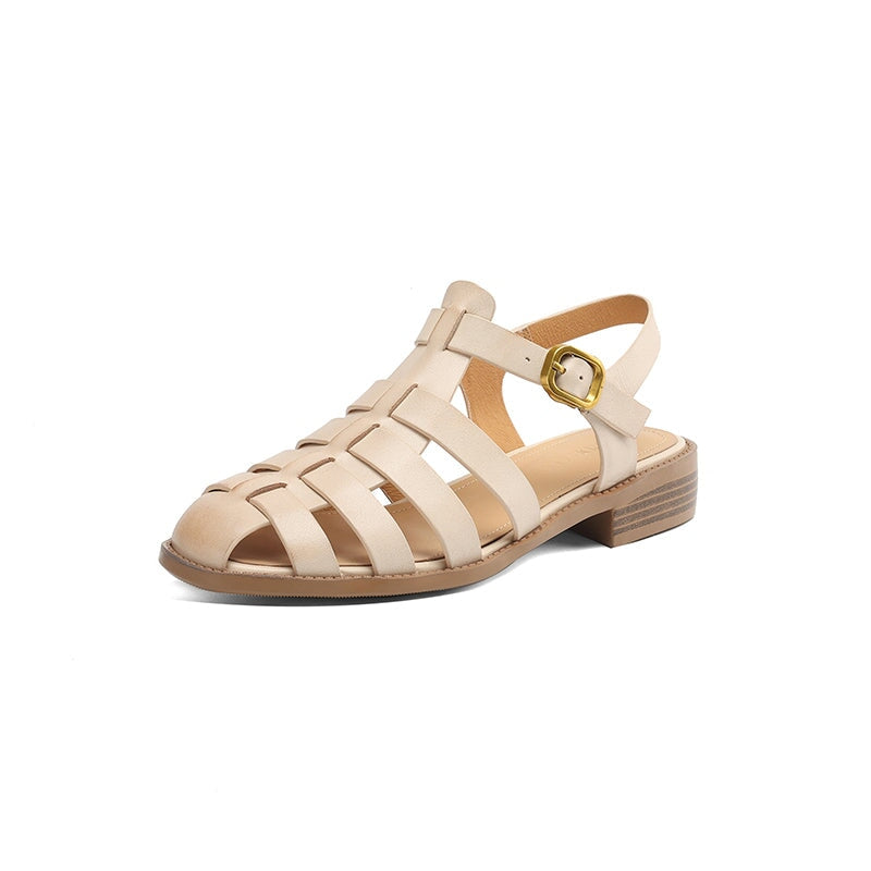 Roman Style Genuine Leather Gladiator Fisherman Sandals with Buckle in Black/Brown/Beige