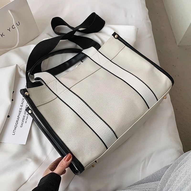 Women's Large Canvas Color Block Classic Style Magnetic Buckle Tote Bag