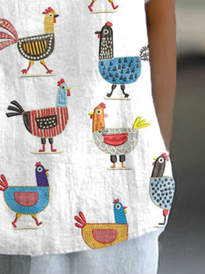 Women'S Funny Farm Chicken Art Print Casual Cotton And Linen Shirt