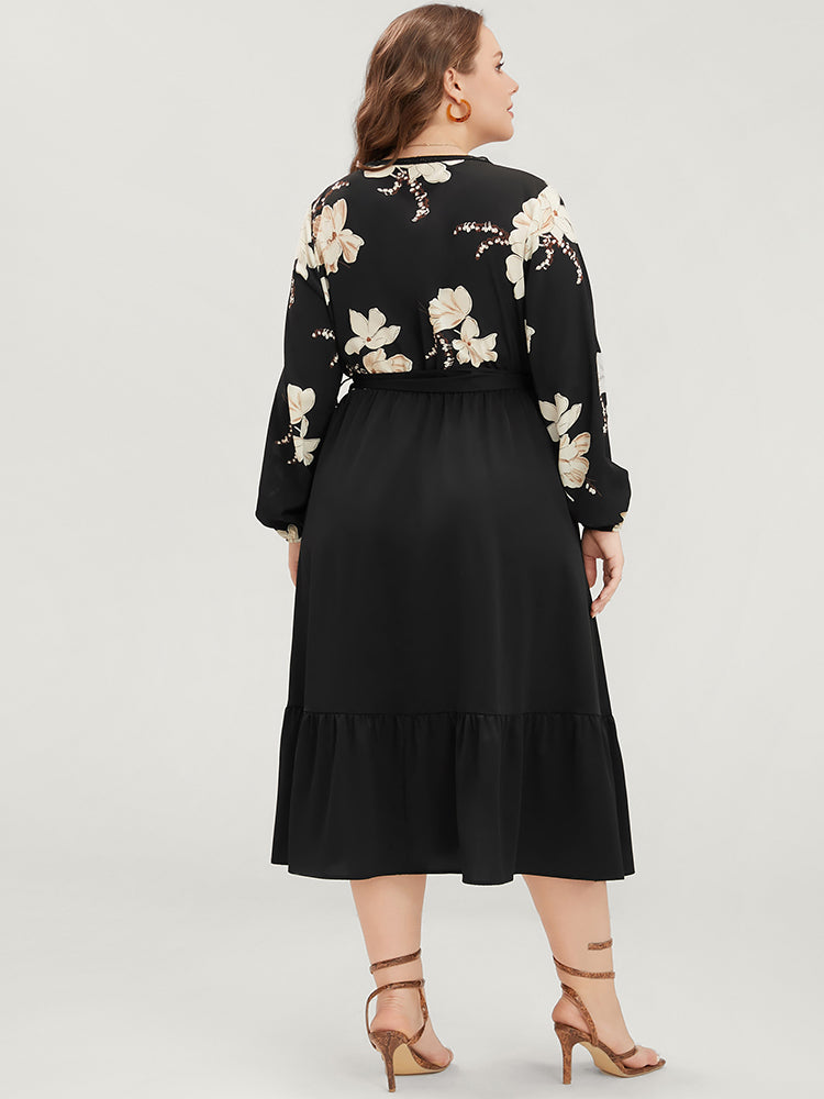 Floral Pocket Broderie Anglaise Lantern Sleeve Belted Flutter Dress