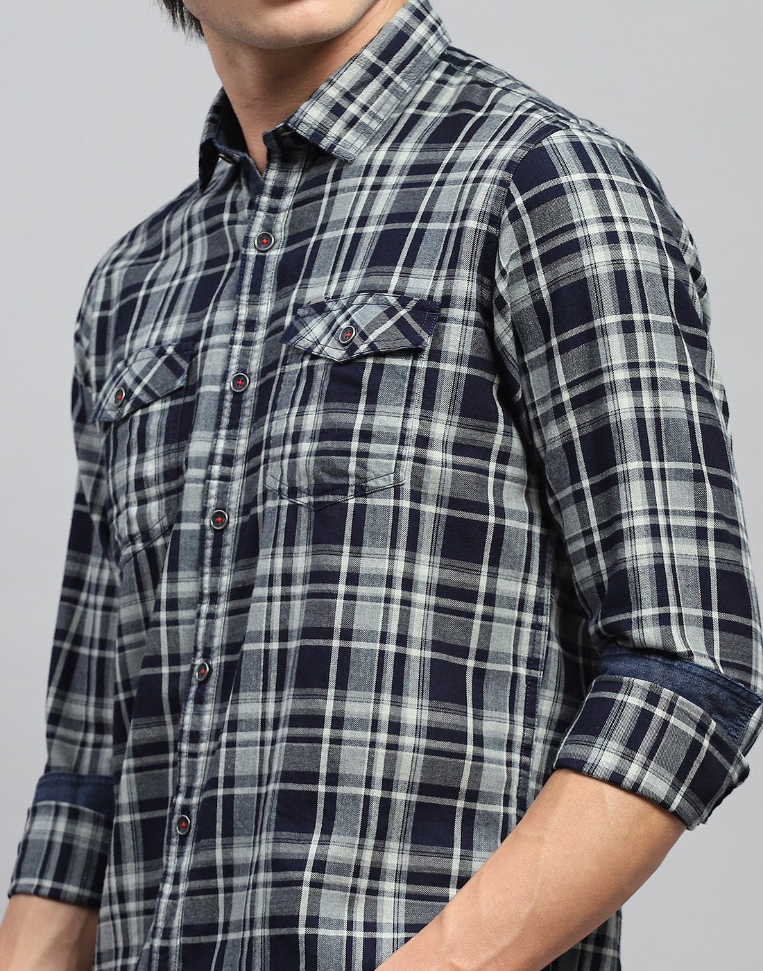 Men Navy Blue Check Collar Full Sleeve Shirt