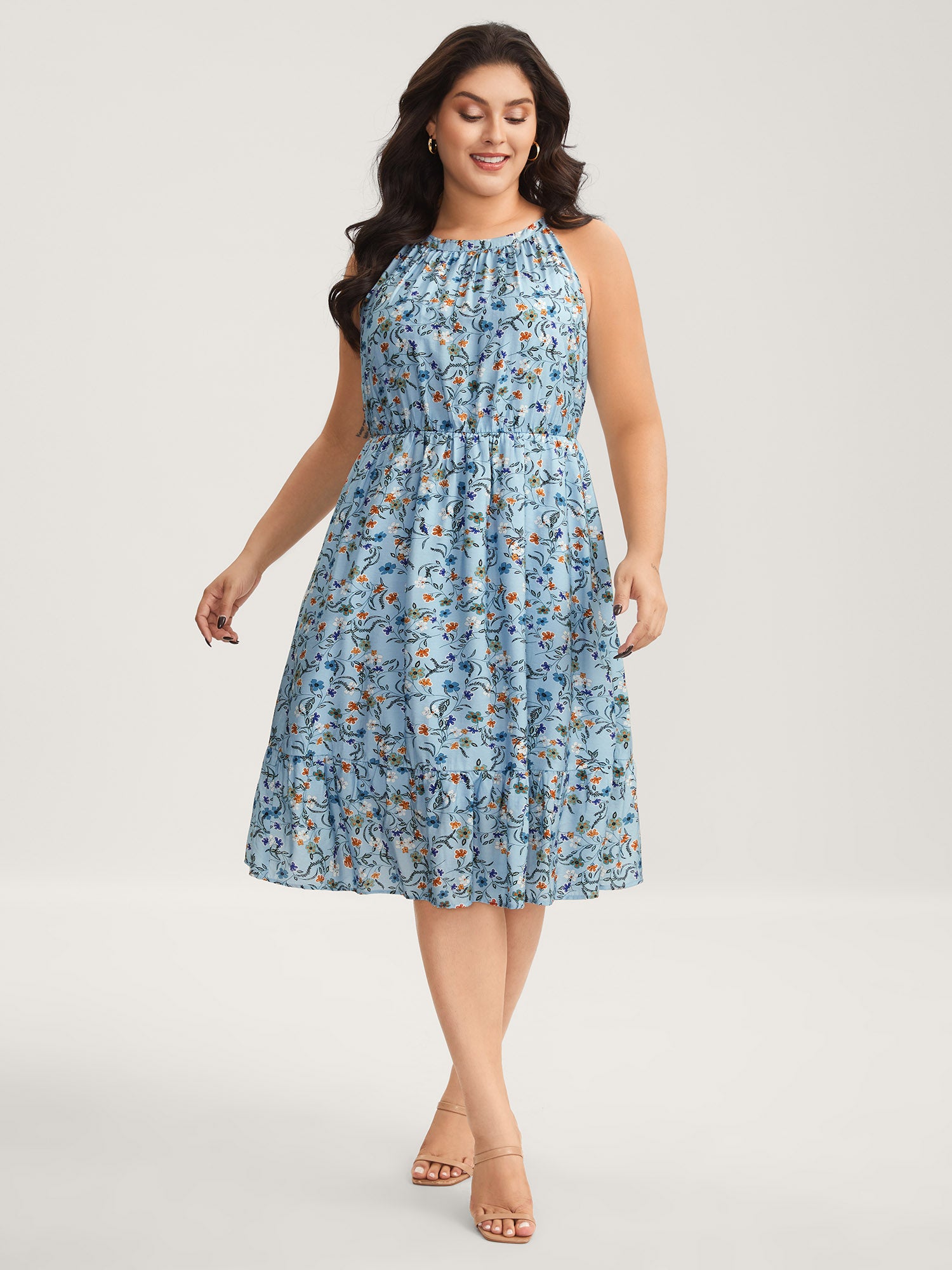 Floral Print Halter Neck Tiered Midi Dress