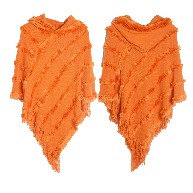 Vintage Solid Fringed Hooded Sweater Pullover Shawl