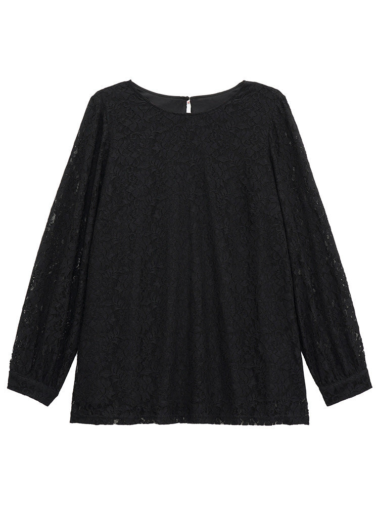 Solid Crochet Lace Mesh Crew Neck Blouse