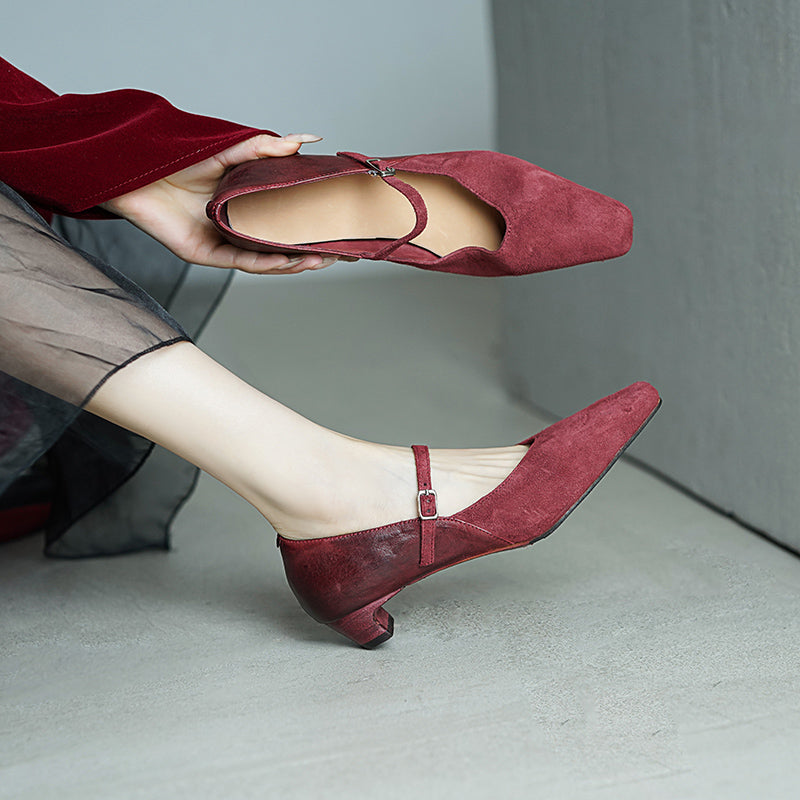 Elegant Washed Horsehide Nubuck Mary Jane Shoes Buckle Strap Causal Pumps in Red/Black/Caramel