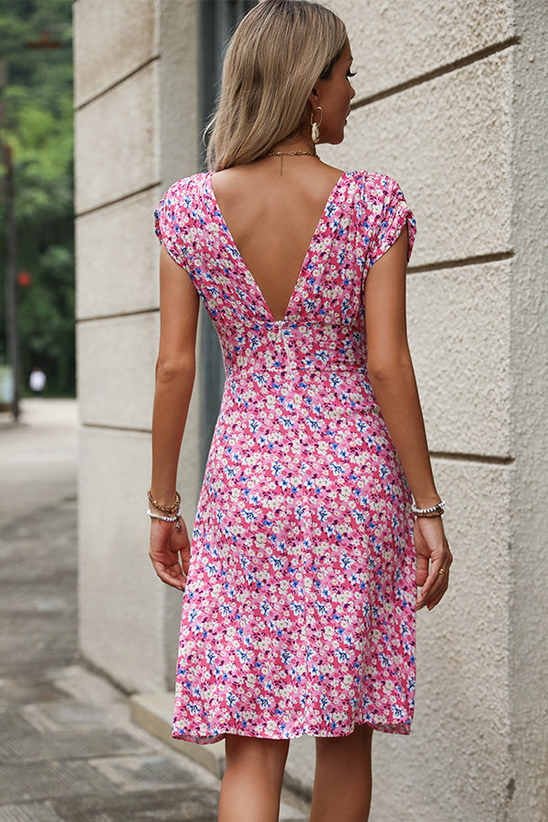V Neck Floral Print Casual Mini Dress