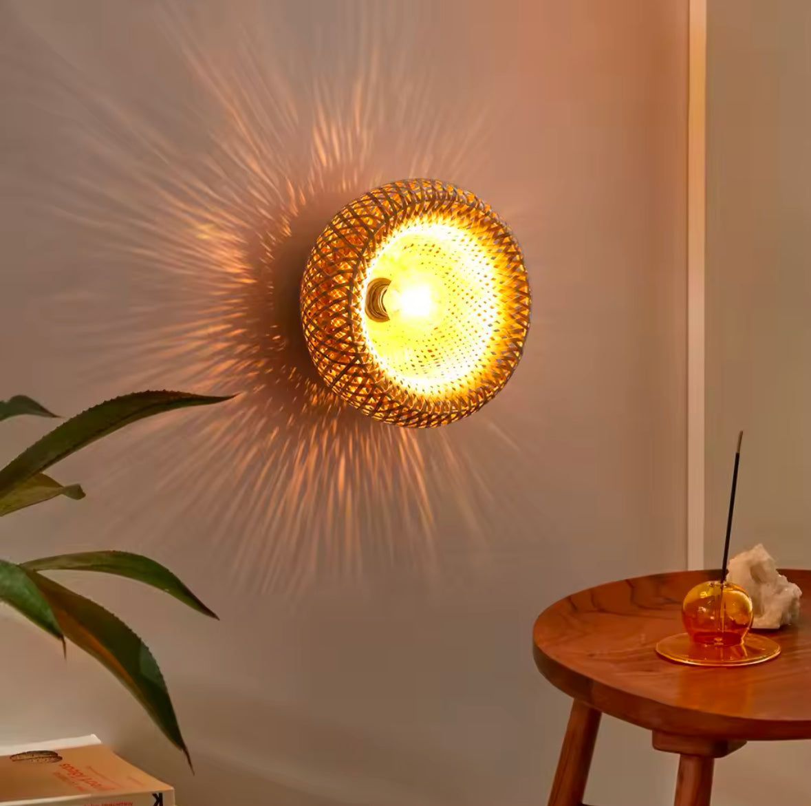 Rustic Woven Bamboo Wall Lamp with Warm Lighting Effect