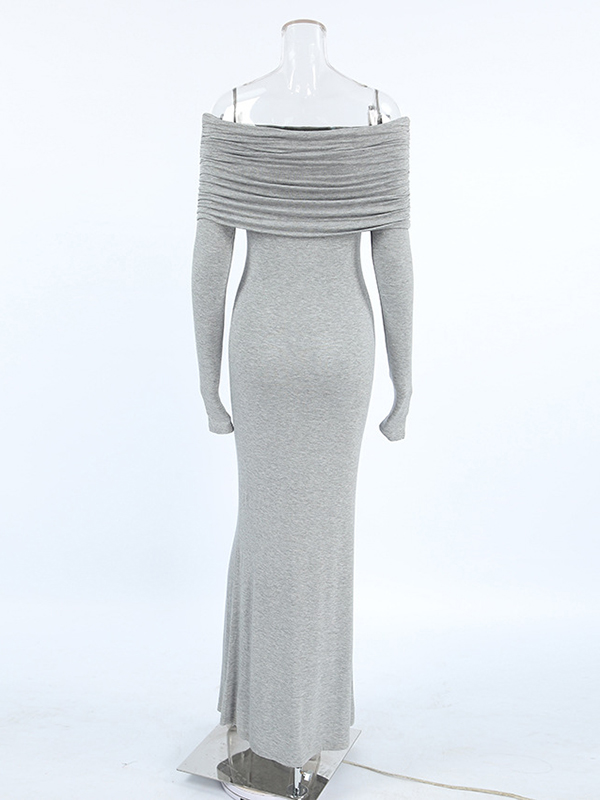 Long Sleeves Skinny Pleated Solid Color Split-Joint Off-The-Shoulder Evening Dresses Maxi Dresses