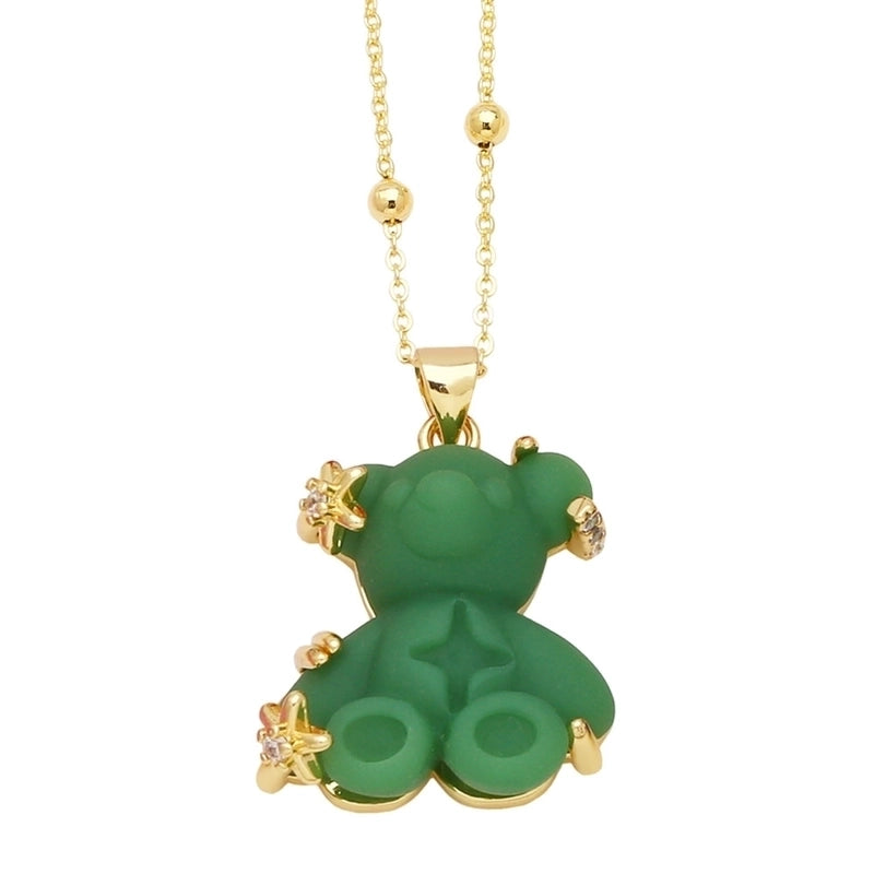 Copper Gold Plated Cute Minimalist Bear Inlay Resin Zircon Pendant Necklace