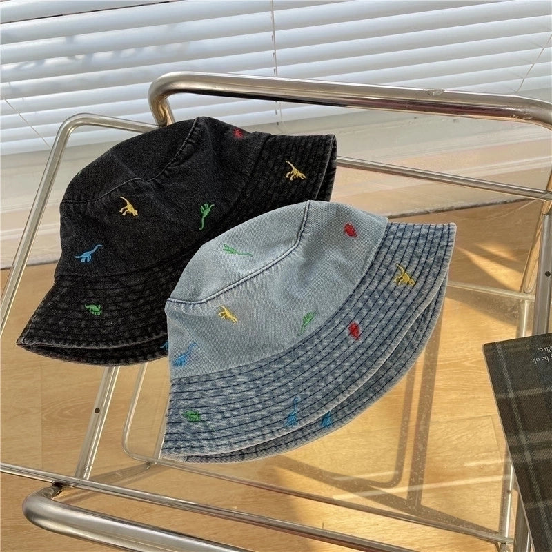 Women's Cute Basic Dinosaur Embroidery Wide Eaves Bucket Hat