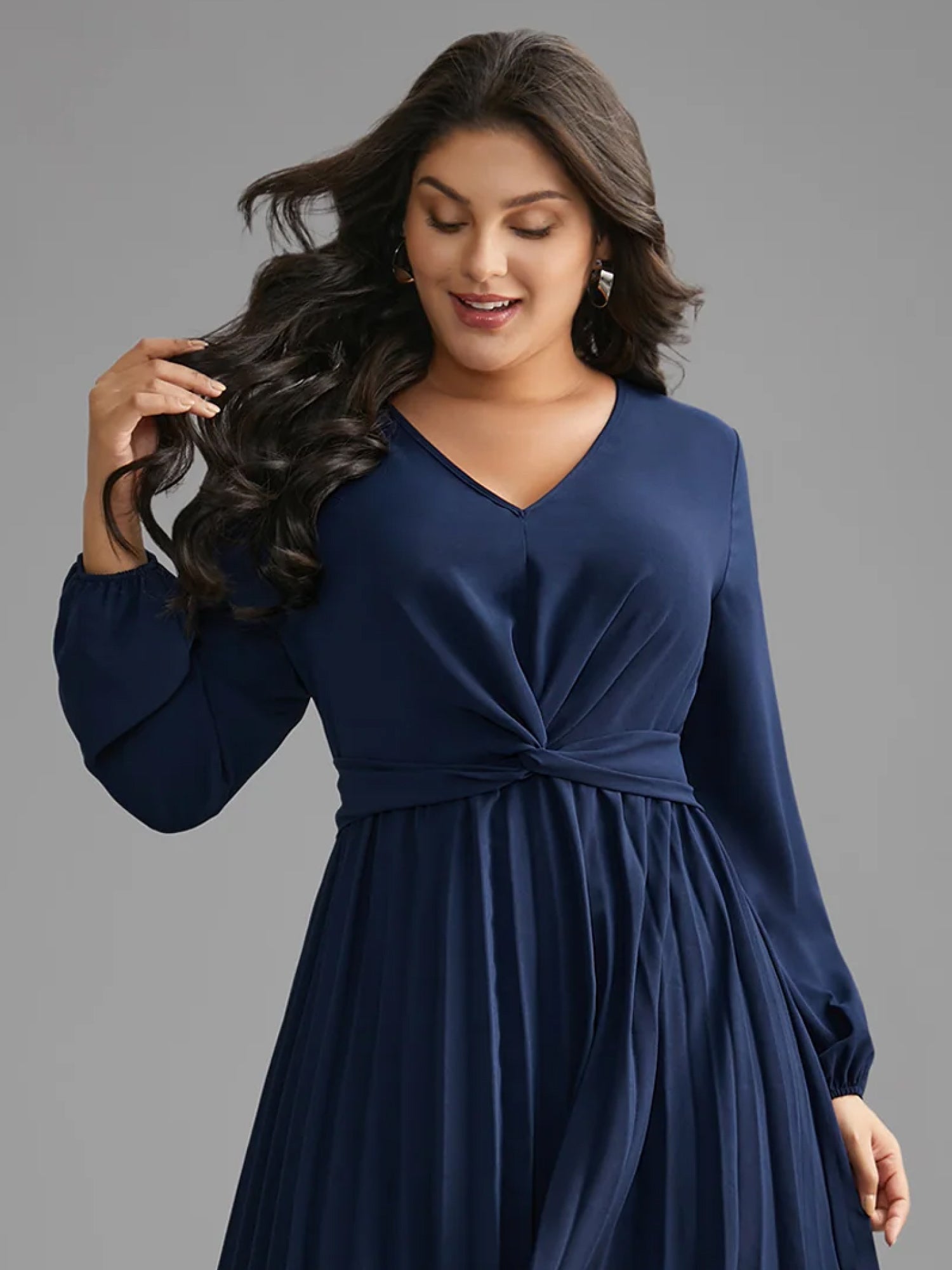 V Neck Twist Front Pleated Dress