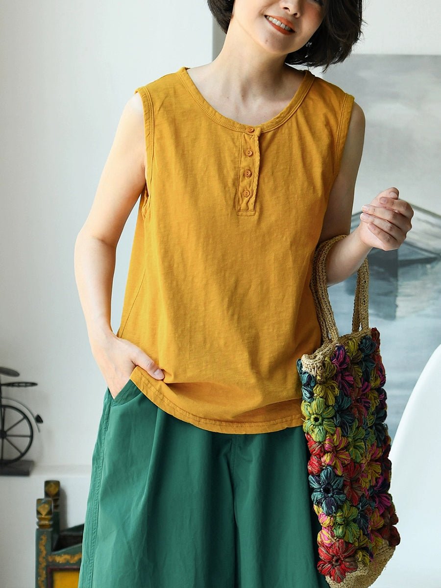 Women Summer Pure Color O-Neck 100%Cotton Vest