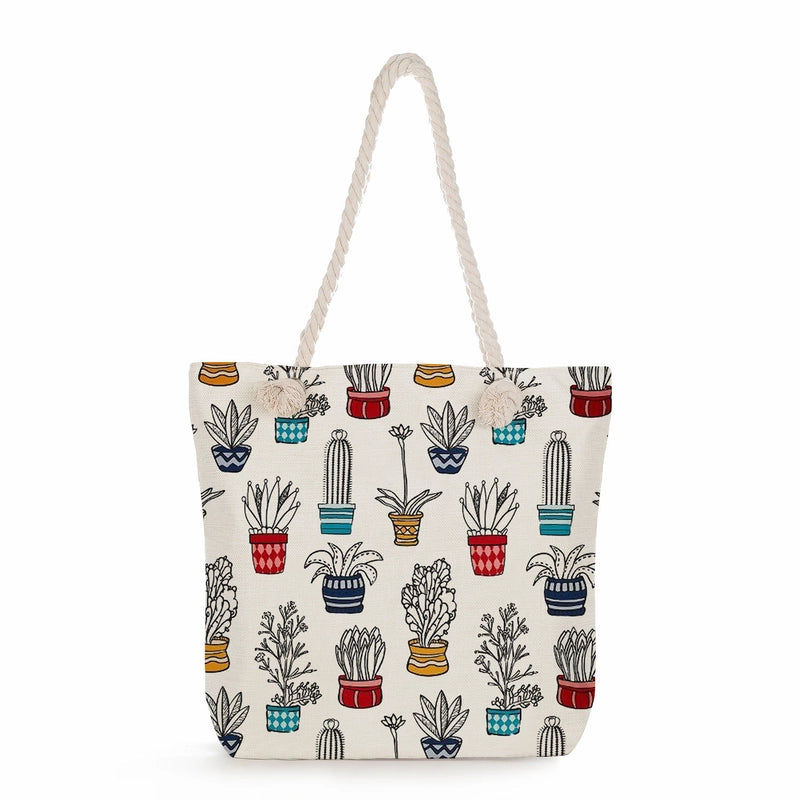 Women's Cotton And Linen Cactus Classic Style Square Zipper Tote Bag