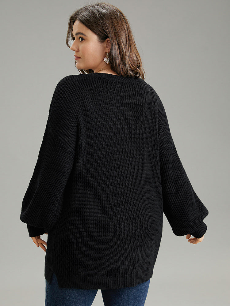 Rhinestone V Neck Drop Shoulder Pullover