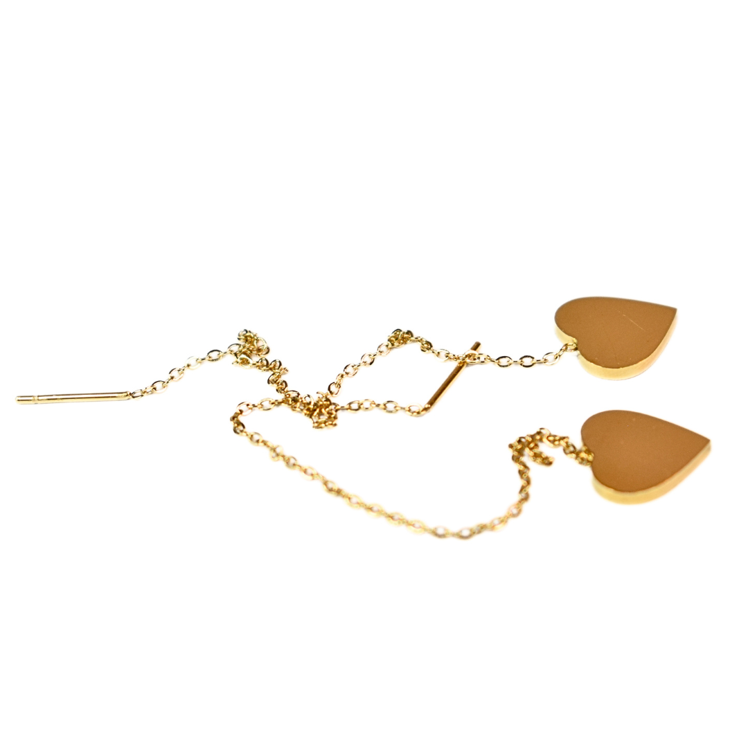 Thread through heart chained stud - Gold