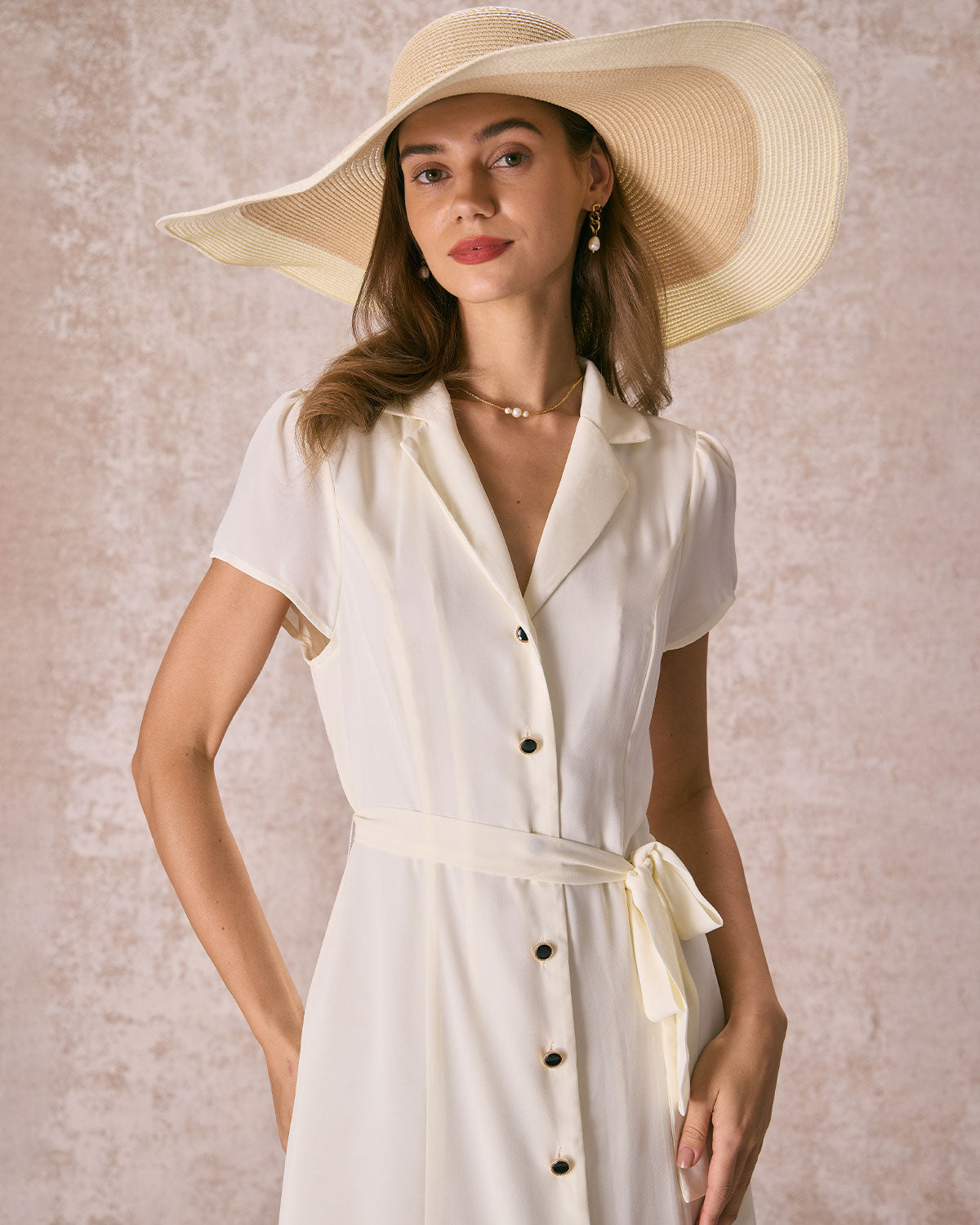 The Beige Lapel Collar Belted Shirt Midi Dress