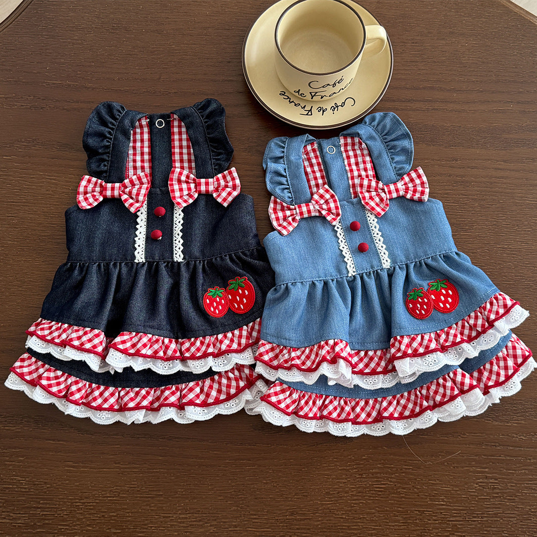 Sweet Strawberry Pattern Denim Dog Cat Dress