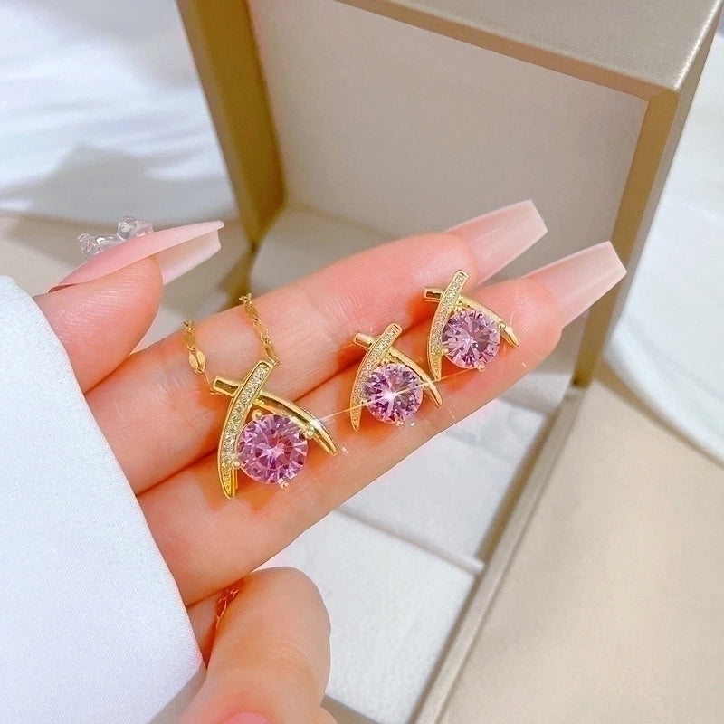 Copper Minimalist Plating Inlay Rhombus Bow Knot Zircon Jewelry Set