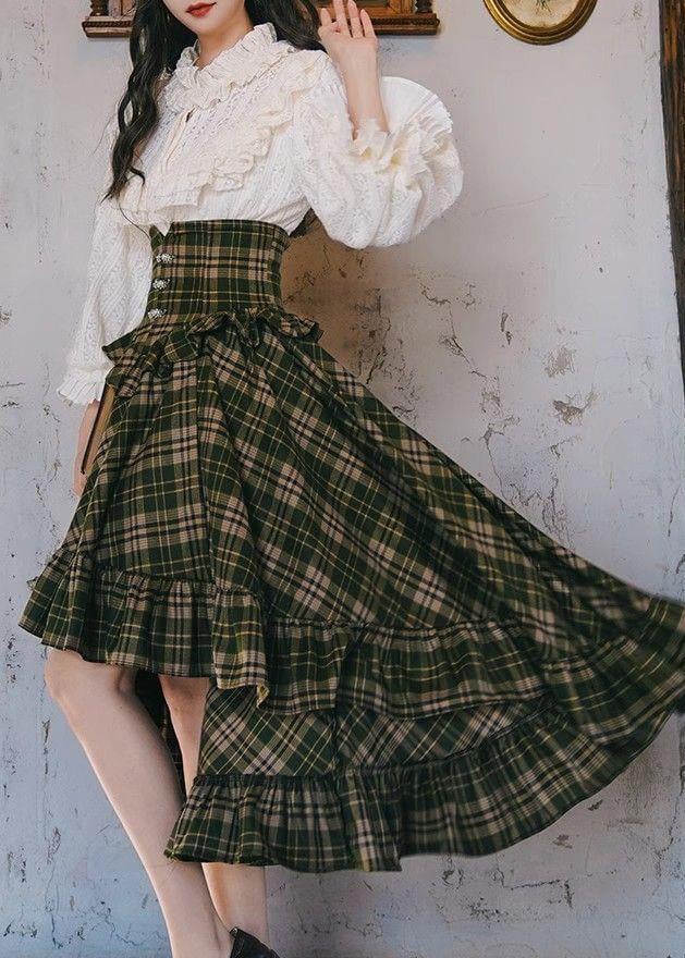 New White Ruffled Tops And Plaid Skirts Two Pieces Set Lantern Sleeve