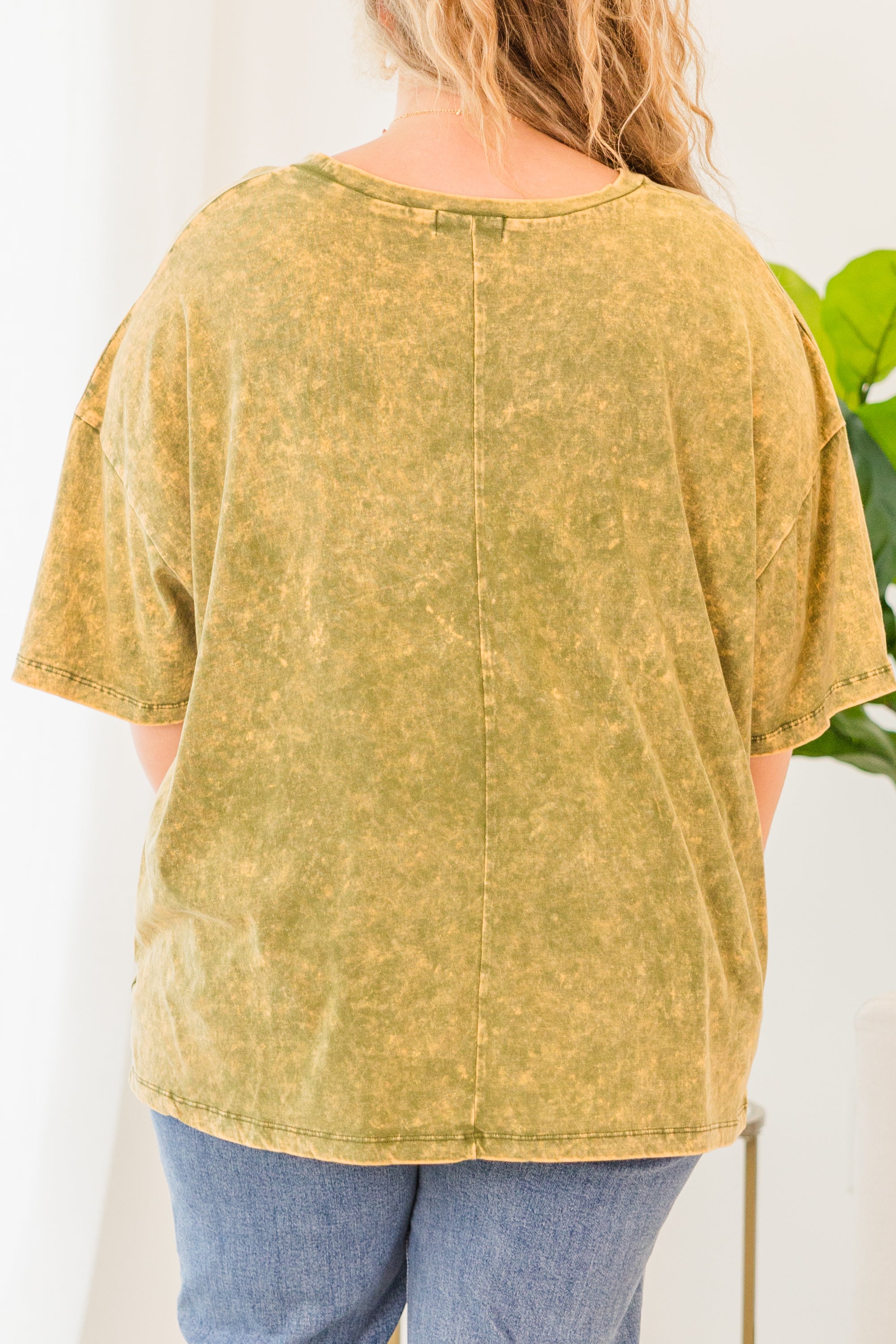 Smiley Face Acid Wash Boyfriend Tee. Golden Olive