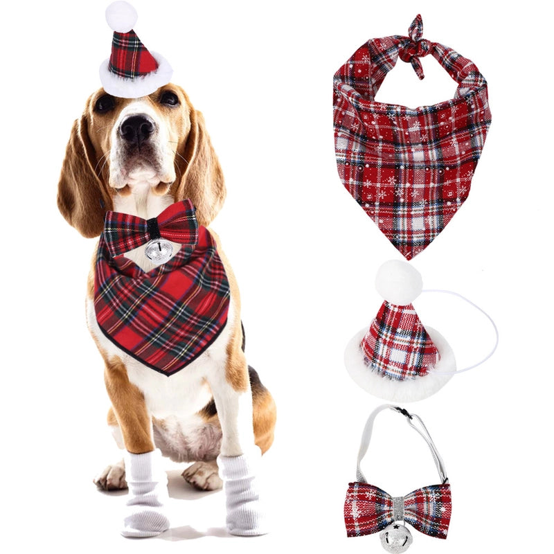 Pet Christmas Party Dress Up Dog Christmas Triangle Scarf Cat Bell Collar Tie Hat