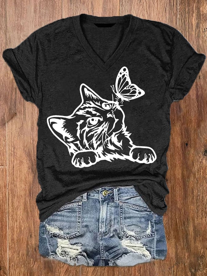 Women's Cute Cat with Butterfly Print V-Neck T-Shirt